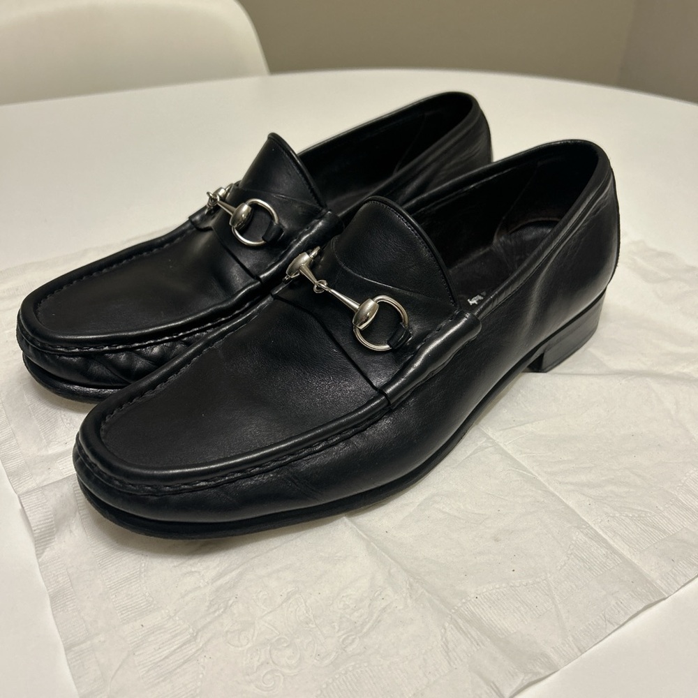 Gucci Black Leather Loafers with Silver Horse Bit